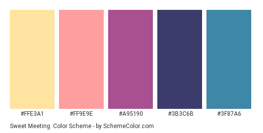 Sweet Meeting - Color scheme palette thumbnail - #FFE3A1 #FF9E9E #A95190 #3B3C6B #3F87A6 