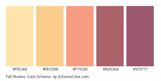 Fall Shades - Color scheme palette thumbnail - #FFE3AB #FBCD8B #F79C80 #AD636A #9C5771 