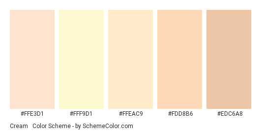 Cream & Tan Pastels - Color scheme palette thumbnail - #FFE3D1 #FFF9D1 #FFEAC9 #FDD8B6 #EDC6A8 