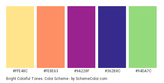 Bright Colorful Tones - Color scheme palette thumbnail - #FFE48C #FE8E63 #9A228F #362B8C #94DA7C 