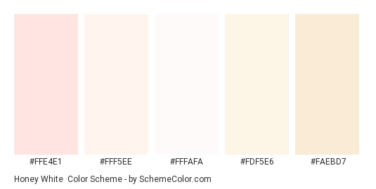 Honey White - Color scheme palette thumbnail - #FFE4E1 #FFF5EE #FFFAFA #FDF5E6 #FAEBD7 