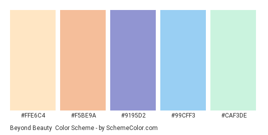 Beyond Beauty - Color scheme palette thumbnail - #FFE6C4 #F5BE9A #9195D2 #99CFF3 #CAF3DE 