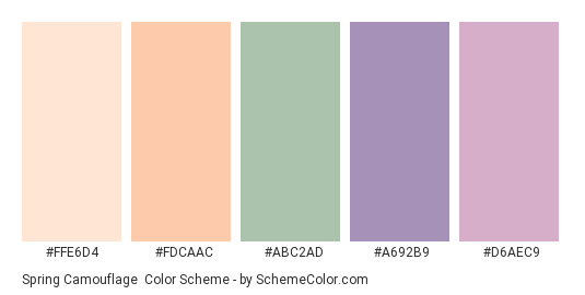 Spring Camouflage - Color scheme palette thumbnail - #FFE6D4 #FDCAAC #ABC2AD #A692B9 #D6AEC9 