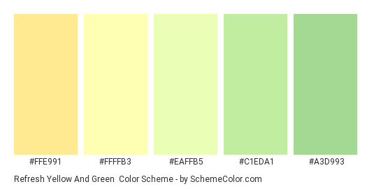 Refresh Yellow and Green - Color scheme palette thumbnail - #FFE991 #FFFFB3 #EAFFB5 #C1EDA1 #A3D993 