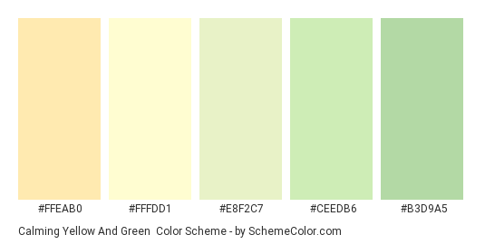 Calming Yellow and Green - Color scheme palette thumbnail - #FFEAB0 #FFFDD1 #E8F2C7 #CEEDB6 #B3D9A5 