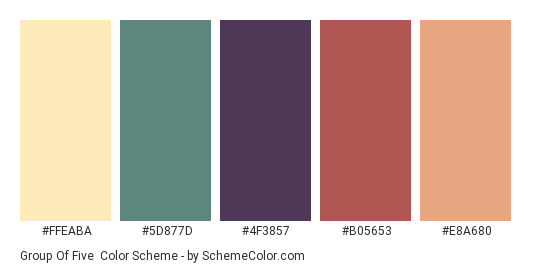 Group of Five - Color scheme palette thumbnail - #FFEABA #5D877D #4F3857 #B05653 #E8A680 