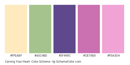Carving Your Heart - Color scheme palette thumbnail - #FFEABF #A5C48D #5F498C #CB70B0 #F0A3D4 
