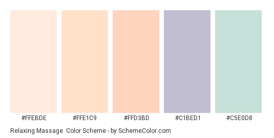 Relaxing Massage - Color scheme palette thumbnail - #FFEBDE #FFE1C9 #FFD3BD #C1BED1 #C5E0D8 