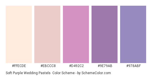 Soft Purple Wedding Pastels - Color scheme palette thumbnail - #FFECDE #EBCCC8 #D492C2 #9E79AB #978ABF 