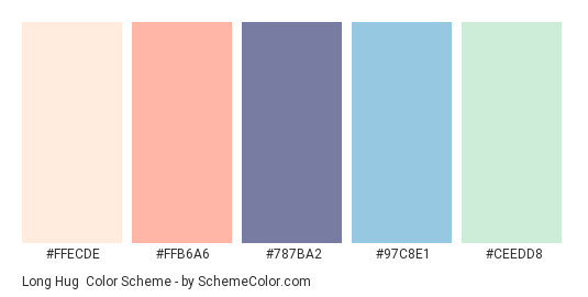 Long Hug - Color scheme palette thumbnail - #FFECDE #FFB6A6 #787BA2 #97C8E1 #CEEDD8 
