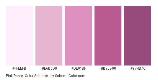 Pink Paste - Color scheme palette thumbnail - #FFEEFB #E6B6D0 #DE91BF #B95B90 #974B7C 