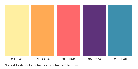 Sunset Feels - Color scheme palette thumbnail - #FFEFA1 #FFAA54 #FE686B #5E327A #3D8FAD 
