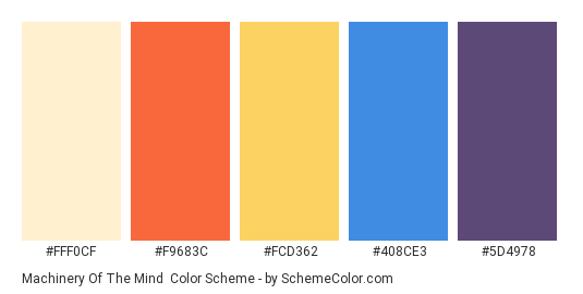 Machinery of the Mind - Color scheme palette thumbnail - #FFF0CF #F9683C #FCD362 #408CE3 #5D4978 