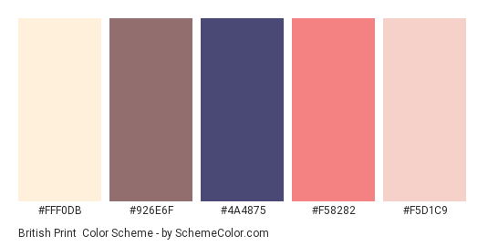 British Print - Color scheme palette thumbnail - #FFF0DB #926E6F #4A4875 #F58282 #F5D1C9 