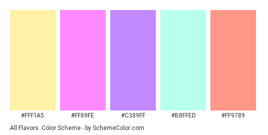 All Flavors - Color scheme palette thumbnail - #FFF1A5 #FF89FE #C389FF #B8FFED #FF9789 