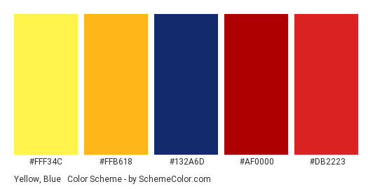 Yellow, Blue & Red - Color scheme palette thumbnail - #FFF34C #FFB618 #132A6D #AF0000 #db2223 