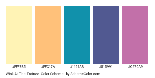 Wink at the Trainee - Color scheme palette thumbnail - #FFF3B5 #FFC17A #1191AB #515991 #C270A9 