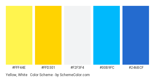 Yellow, White & Blue - Color scheme palette thumbnail - #FFF44E #FFD301 #F2F3F4 #00B9FC #246BCF 