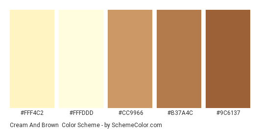 Cream and Brown - Color scheme palette thumbnail - #FFF4C2 #FFFDDD #CC9966 #B37A4C #9C6137 