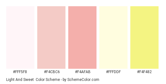 Light and Sweet - Color scheme palette thumbnail - #FFF5F8 #f4cbc6 #f4afab #FFFDDF #f4f482 