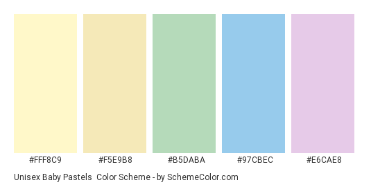 Unisex Baby Pastels - Color scheme palette thumbnail - #FFF8C9 #F5E9B8 #B5DABA #97CBEC #E6CAE8 
