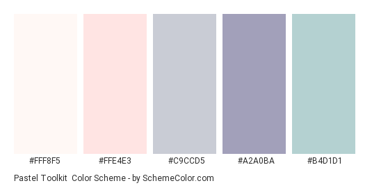 Pastel Toolkit - Color scheme palette thumbnail - #FFF8F5 #FFE4E3 #C9CCD5 #A2A0BA #B4D1D1 