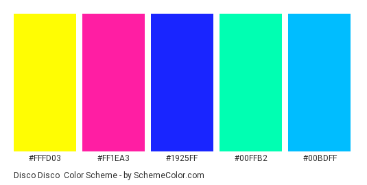 Disco Disco - Color scheme palette thumbnail - #FFFD03 #FF1EA3 #1925FF #00FFB2 #00BDFF 