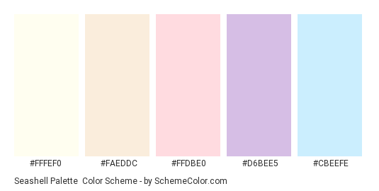 Seashell Palette - Color scheme palette thumbnail - #FFFEF0 #FAEDDC #FFDBE0 #D6BEE5 #CBEEFE 