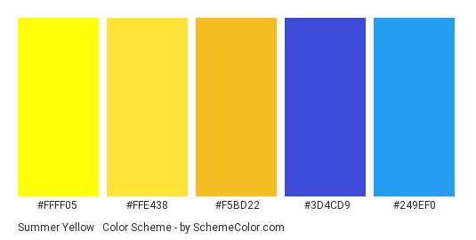 Summer Yellow & Bright Blue - Color scheme palette thumbnail - #FFFF05 #FFE438 #F5BD22 #3D4CD9 #249EF0 