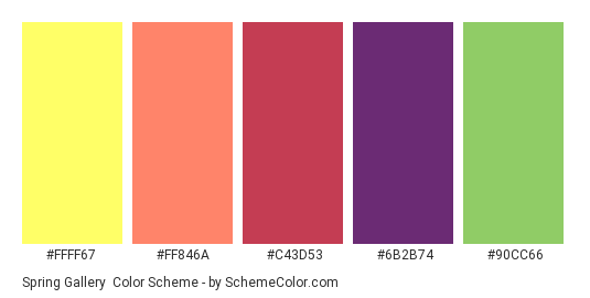 Spring Gallery - Color scheme palette thumbnail - #FFFF67 #FF846A #C43D53 #6B2B74 #90CC66 