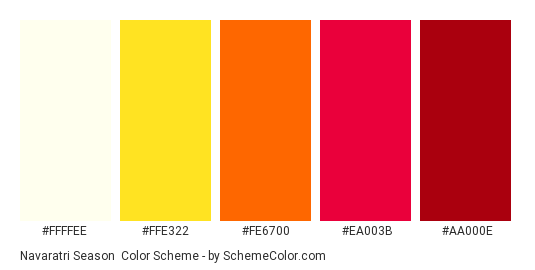 Navaratri Season - Color scheme palette thumbnail - #FFFFEE #FFE322 #FE6700 #EA003B #AA000E 