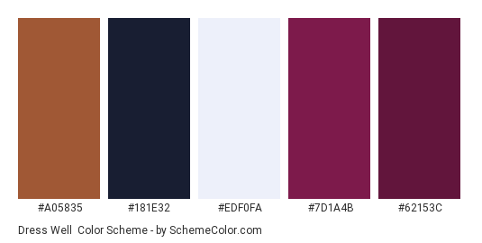 Dress Well - Color scheme palette thumbnail - #a05835 #181e32 #edf0fa #7d1a4b #62153c 