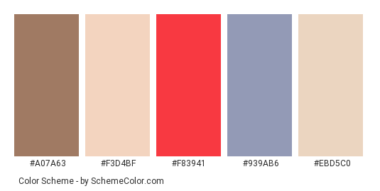 In Love - Color scheme palette thumbnail - #a07a63 #f3d4bf #f83941 #939ab6 #ebd5c0 
