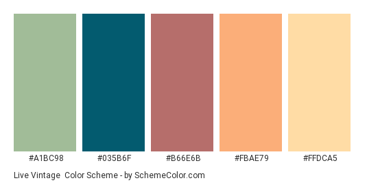 Live Vintage - Color scheme palette thumbnail - #a1bc98 #035b6f #b66e6b #fbae79 #ffdca5 