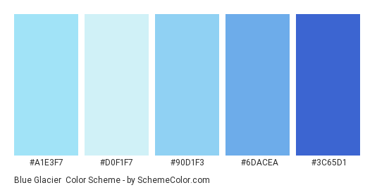 Blue Glacier - Color scheme palette thumbnail - #a1e3f7 #d0f1f7 #90d1f3 #6dacea #3c65d1 