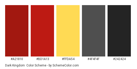 Dark Kingdom - Color scheme palette thumbnail - #a21810 #bd1a13 #ffda54 #4f4f4f #242424 