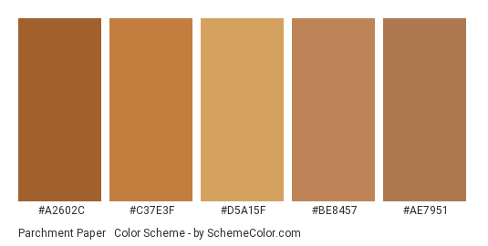 Parchment Paper #2 - Color scheme palette thumbnail - #a2602c #c37e3f #d5a15f #be8457 #ae7951 