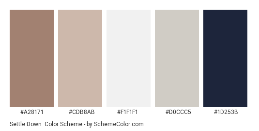 Settle Down - Color scheme palette thumbnail - #a28171 #cdb8ab #f1f1f1 #d0ccc5 #1d253b 