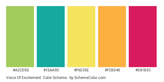 Voice of Excitement - Color scheme palette thumbnail - #a2cd5d #15aa9d #f6e35e #fcb040 #d81b5c 