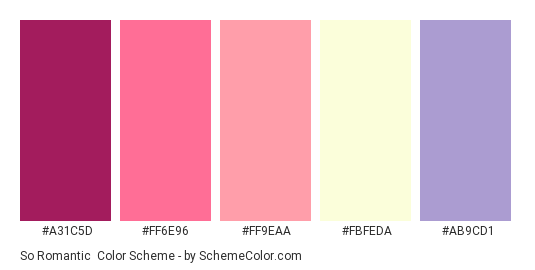 So Romantic - Color scheme palette thumbnail - #a31c5d #ff6e96 #ff9eaa #FBFEDA #AB9CD1 