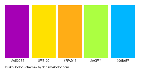 Disko - Color scheme palette thumbnail - #a500b5 #ffe100 #FFAD16 #acff41 #00b6ff 