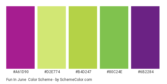 Fun in June - Color scheme palette thumbnail - #a61d90 #d2e774 #b4d247 #80c24e #6b2284 