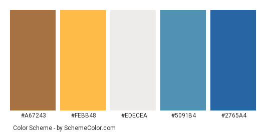 Champion Pug - Color scheme palette thumbnail - #a67243 #febb48 #edecea #5091b4 #2765a4 