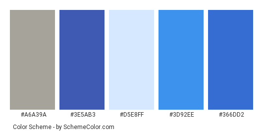 Blue Shutters & Curtains - Color scheme palette thumbnail - #a6a39a #3e5ab3 #d5e8ff #3d92ee #366dd2 