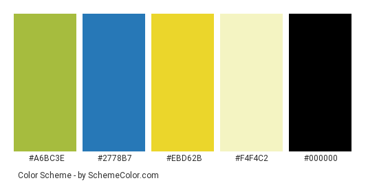 Let Me Eat - Color scheme palette thumbnail - #a6bc3e #2778b7 #ebd62b #f4f4c2 #000000 