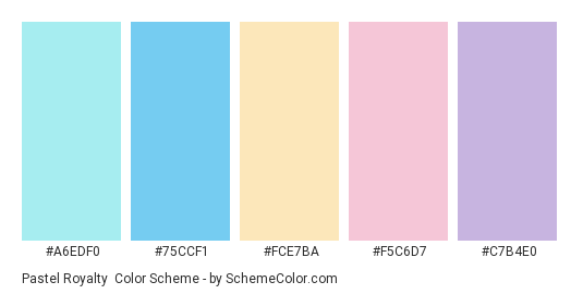 Pastel Royalty - Color scheme palette thumbnail - #a6edf0 #75ccf1 #fce7ba #f5c6d7 #c7b4e0 