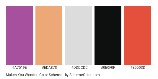 Makes you Wonder - Color scheme palette thumbnail - #a7519e #eda878 #dddcdc #0e0f0f #e5503d 