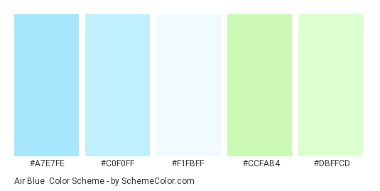 Air Blue - Color scheme palette thumbnail - #a7e7fe #c0f0ff #f1fbff #ccfab4 #dbffcd 