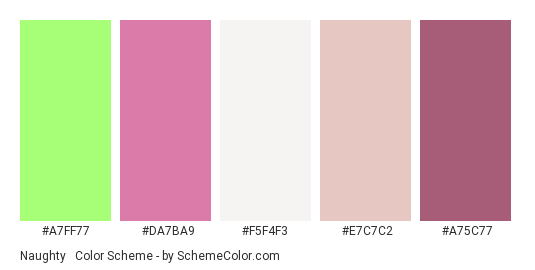 Naughty & Sober - Color scheme palette thumbnail - #a7ff77 #da7ba9 #f5f4f3 #e7c7c2 #a75c77 