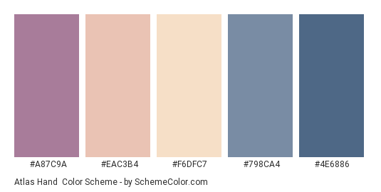 Atlas Hand - Color scheme palette thumbnail - #a87c9a #eac3b4 #f6dfc7 #798ca4 #4e6886 